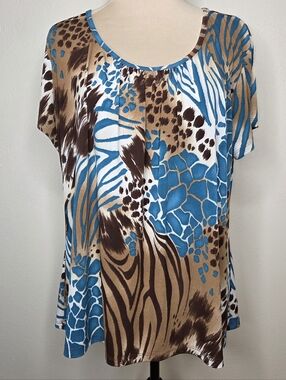 Y2K Fresh of LA 3X Animal Print Top Blue Brown Zebra Leopard Flowy Stretch